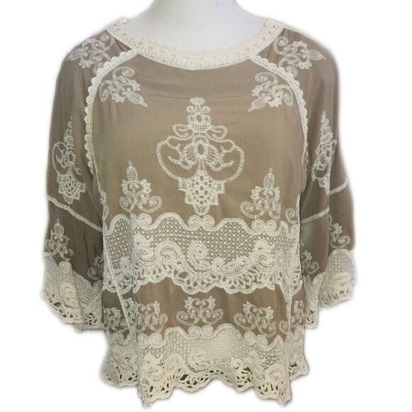 Democracy Rayon Taupe Brown Blouse W/ Cream Cotton Embroidery, 2X - Picture 2 of 8